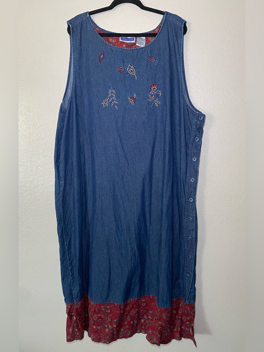 VTG 90s Erika II & Co Denim Maxi Dress Floral Trim Embroidered Button Side Sz 3X